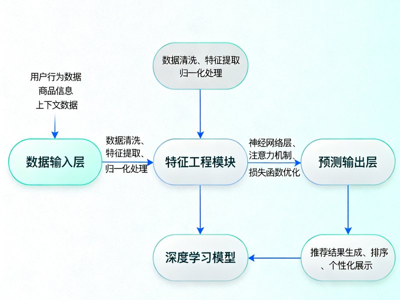 华体会AI推荐引擎技术架构示意图，展示深度学习模型的数据流处理流程