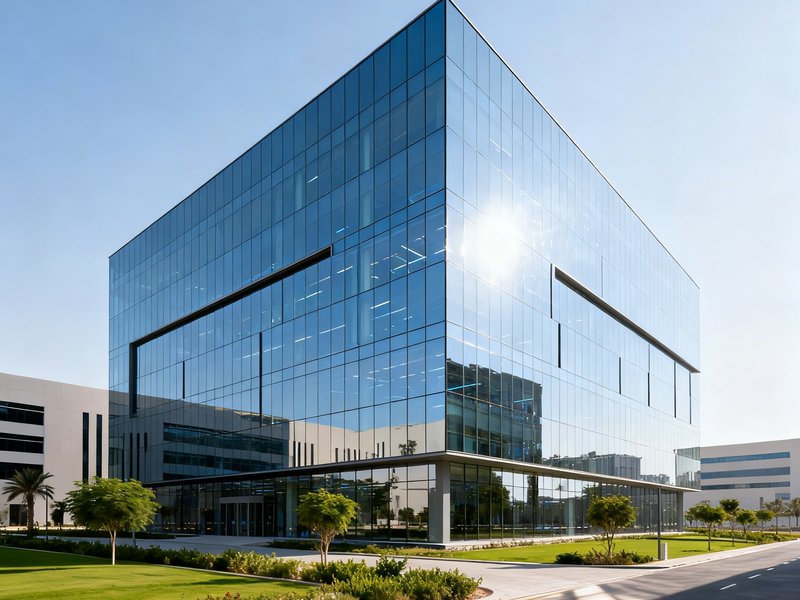 华体会迪拜研发中心办公楼外景，现代化玻璃幕墙建筑，位于科技园区内